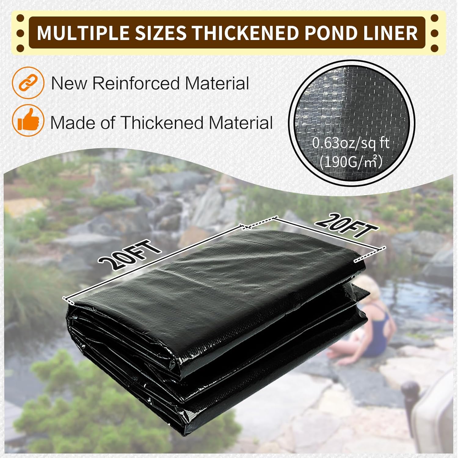 yeezoo 20x20FT Reinforced PE Pond Liner, KOI Pond Liners for Outdoor Ponds, Enhanced 5-Layer Structure Pond Liner for Fish, Duck, Garden Raised Bed and Waterscape Pond(0.63oz/sq ft Thickness)