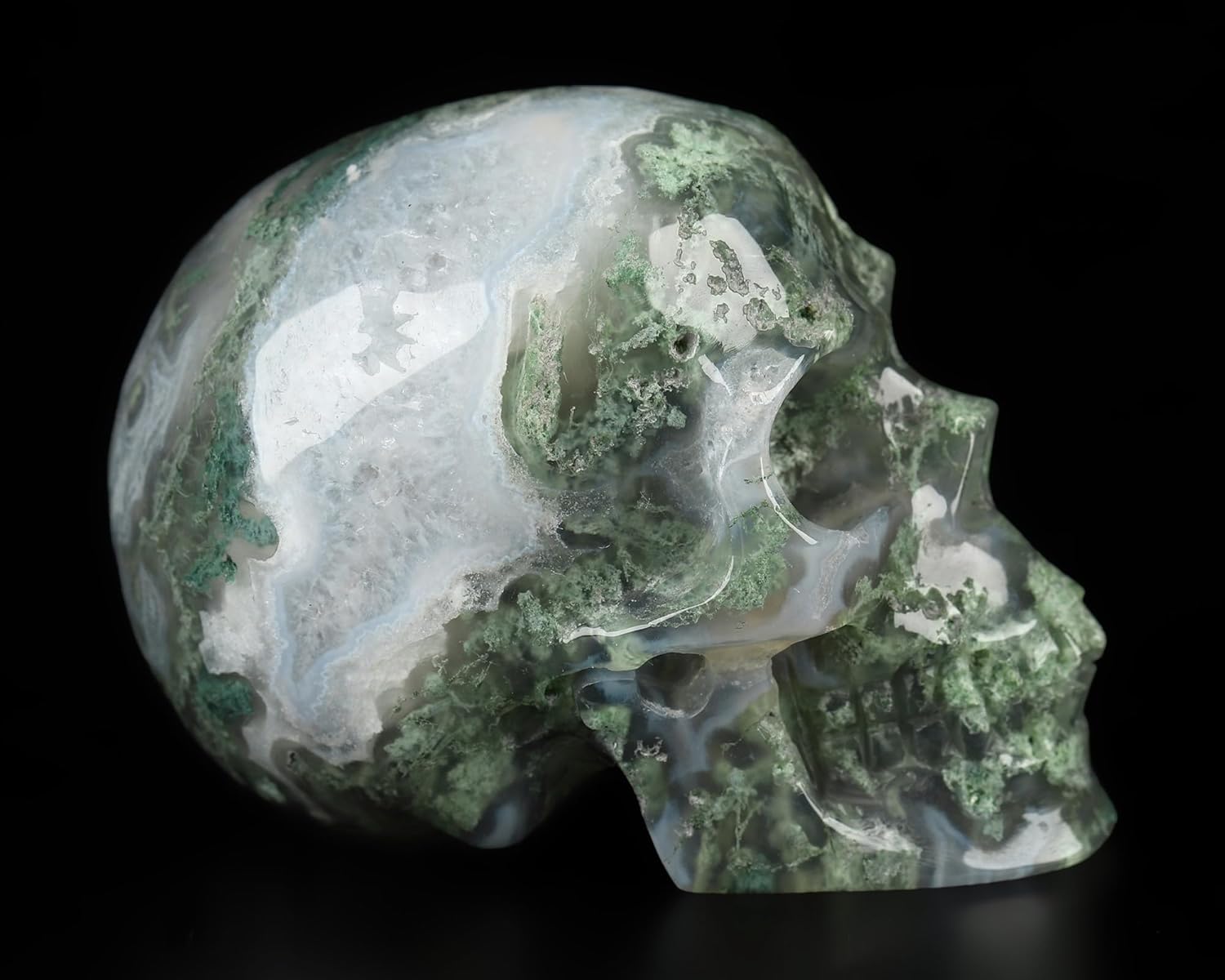 Skullis 2.0” Green Moss Agate Crystal Skull, Hand Carved Gemstone Fine Art Sculpture, Reiki Healing Stone Statue.