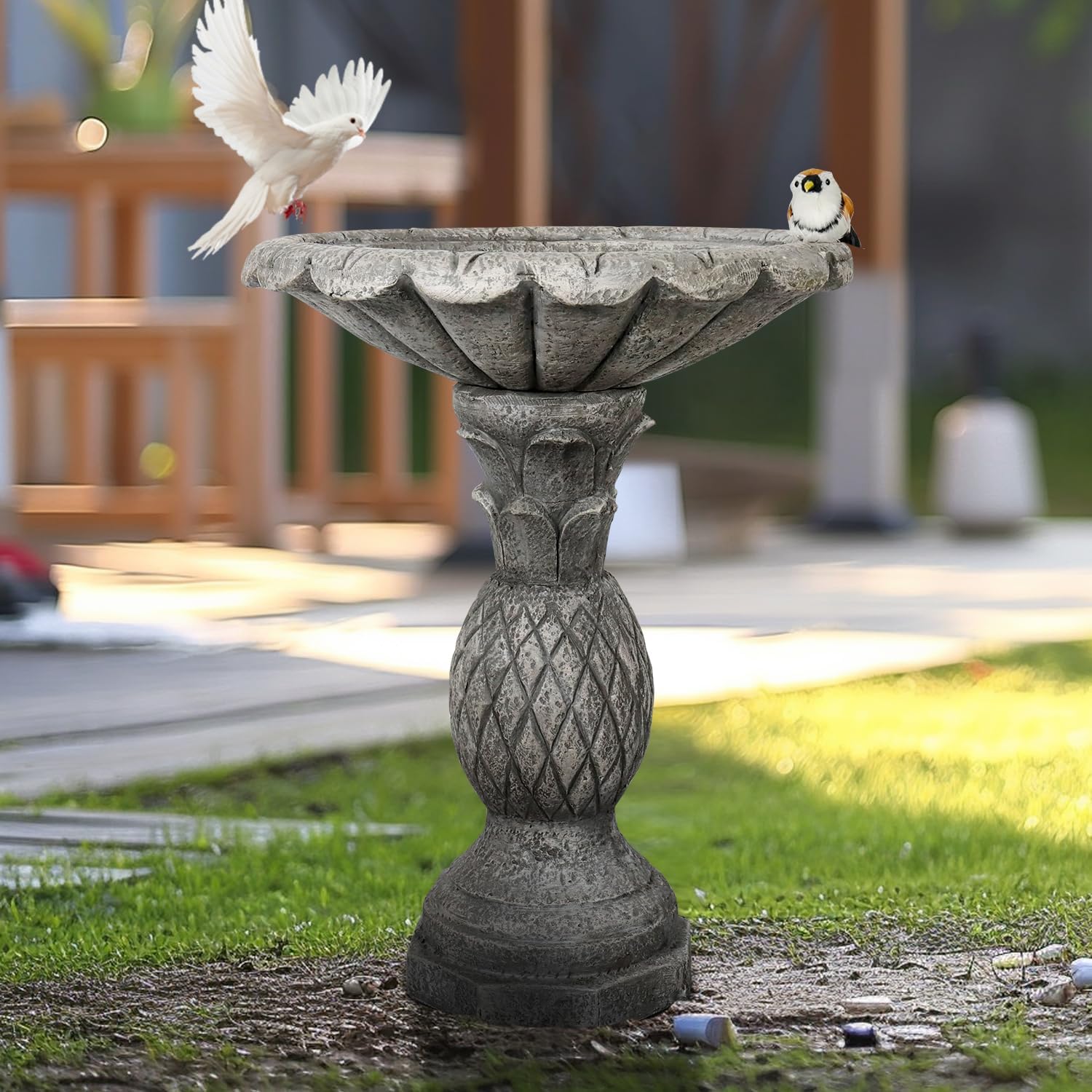 SKYFIRE 24.8" H Cement Modern Outdoor Bird Bath - Fibre Reinforced Concrete Bird Baths for Garden, Large Size Elegant Carved Garden Birdbaths with Pedestal for Patio, Backyard, Lawn Decor