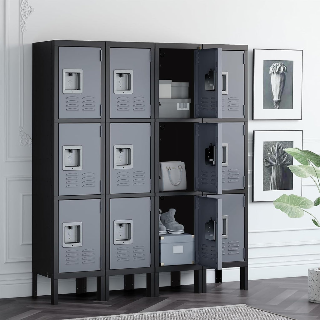 Metal Locker for School Home Office Gym, Steel Storage Lockers for Employees Students, 3 Tier Metal Storage Locker Cabinet with 3 Doors (Black Grey)