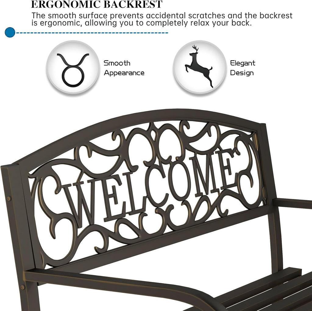 On Shine 50'' Patio Garden Bench, Loveseats Patio Park Bench,Black Steel Cast Iron Frame Bench,Metal Bench Outdoor for Porch Yard Lawn Deck (Bronze-Welcome)