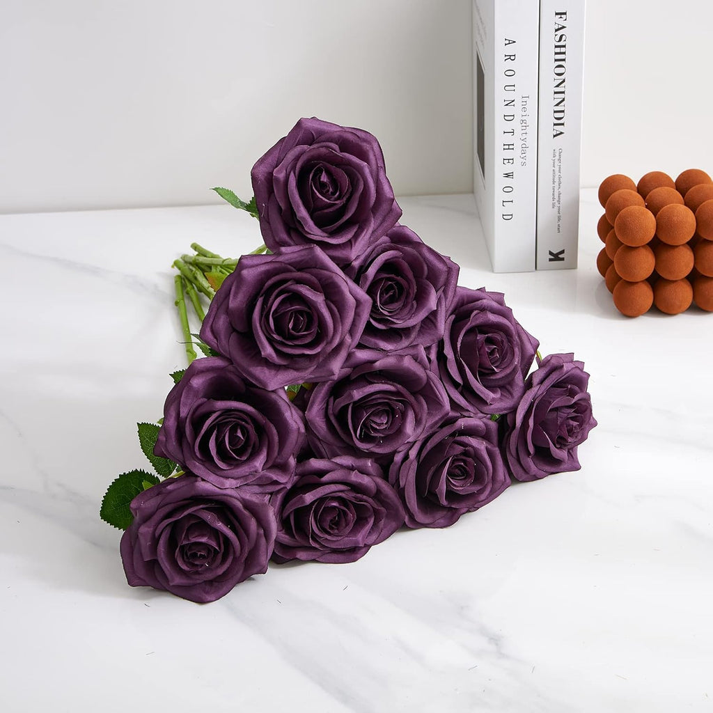 Plum Artificial Rose 10pcs Open Flower Bouquet Faux Rose Stems for Wedding Arrangement, Bridal Bouquet, Centerpiece, Fake Faux Silk Flowers
