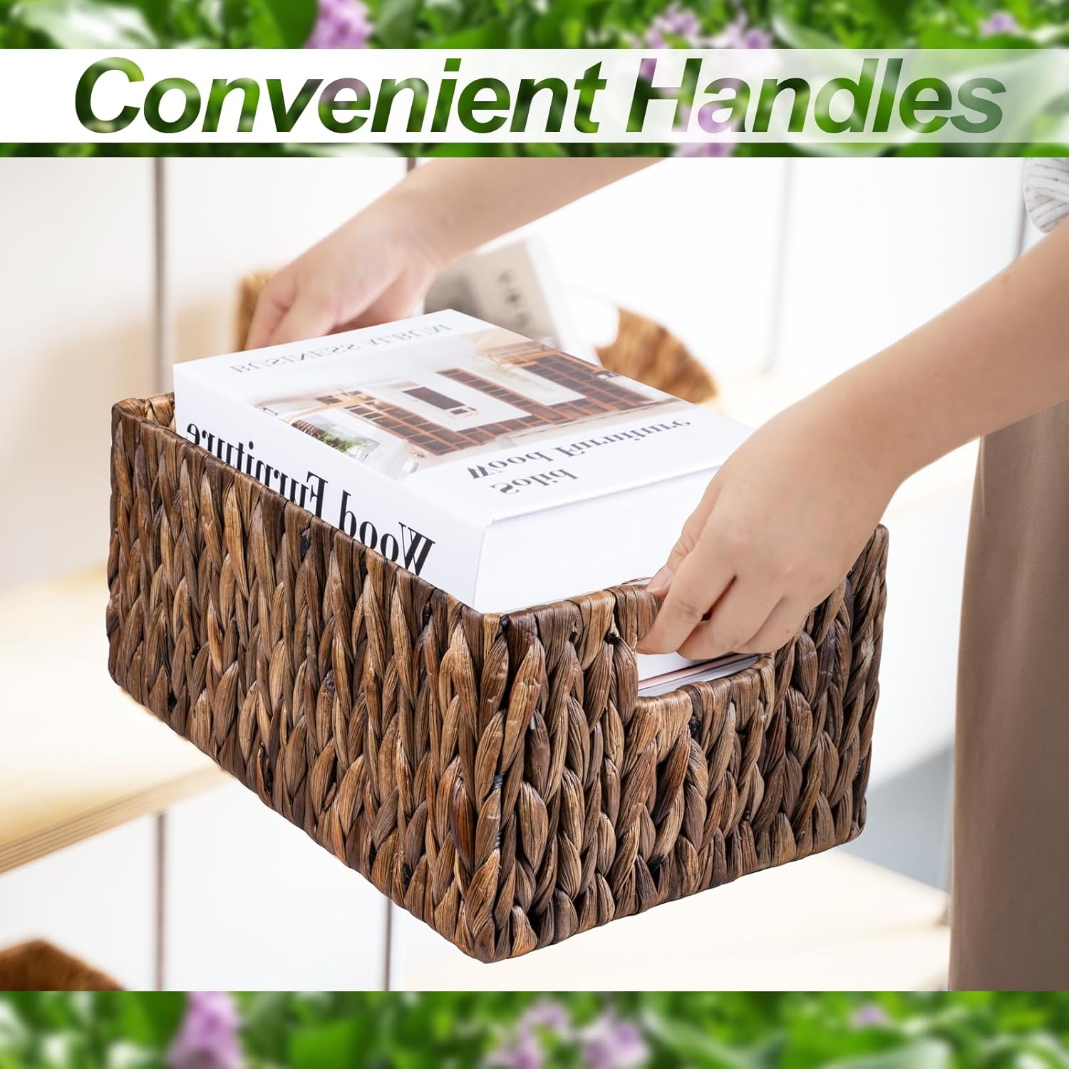 FairyHaus Wicker Basket with Handle 2Pack-15x11x7" & 13.4x9.5x6.5", Brown Water Hyacinth Wicker Baskets for Storage, Natural Hand Woven Baskets for Organizing