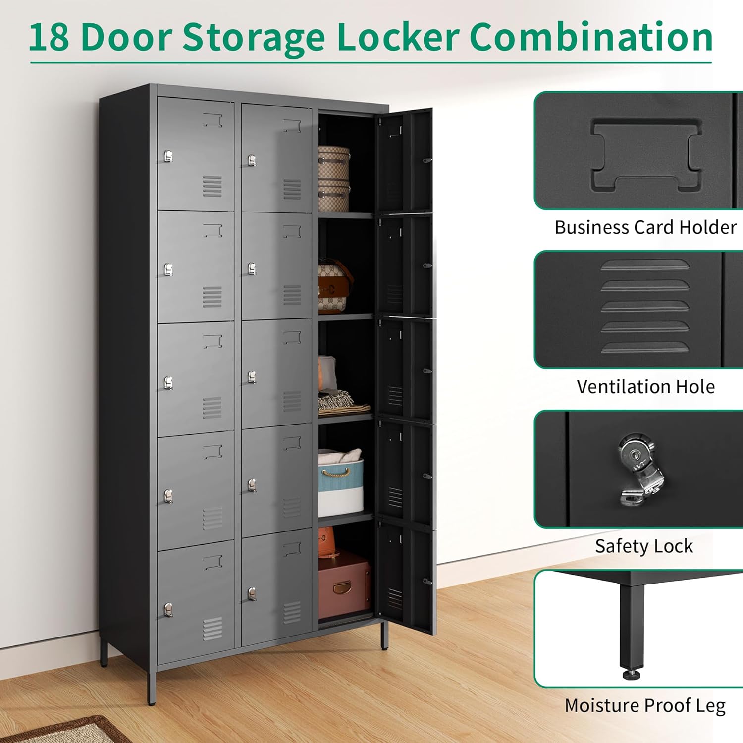 Metal Lockers for Employees, Storage Employee Locker, 72" Storage Lockers with Shelves Steel Cabinet for Home (Black, 15 Door)