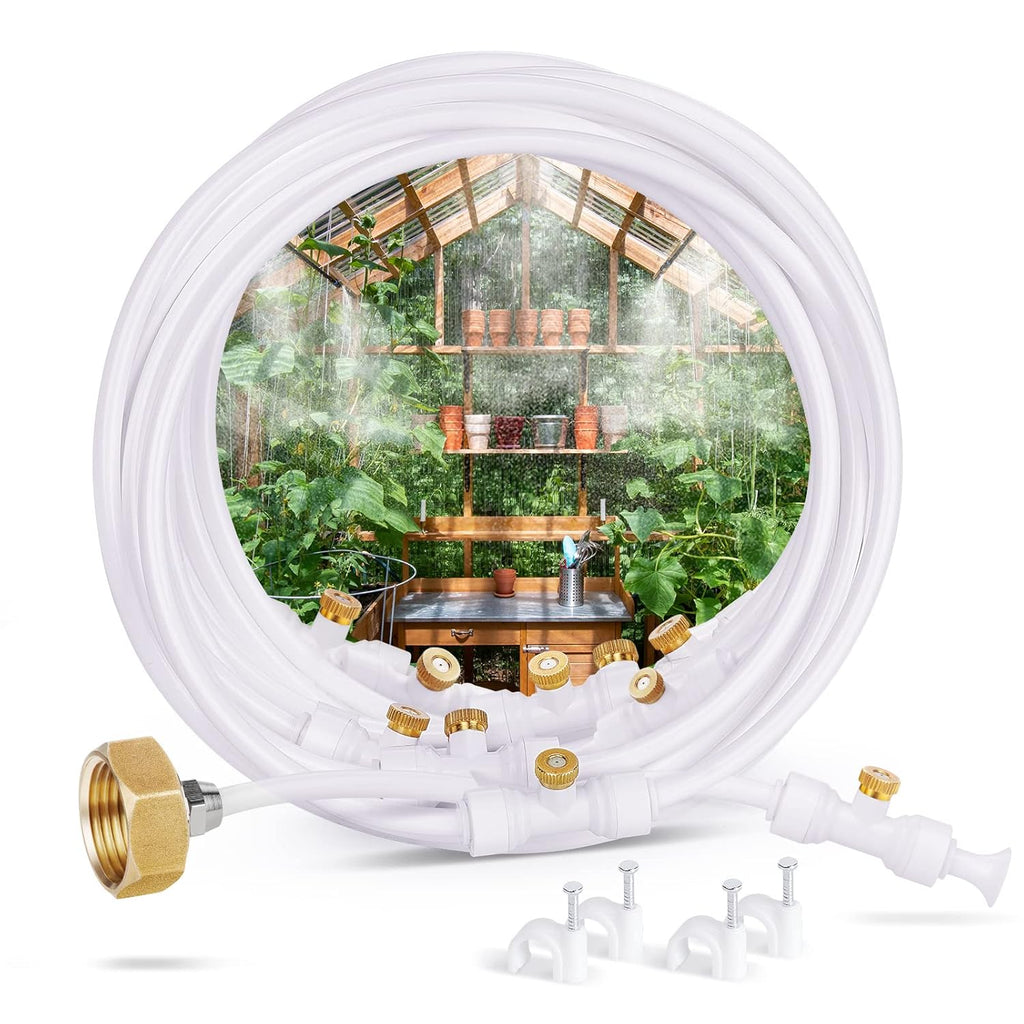homenote Misting Cooling System, 59FT (18M) Misting Line + 16 Brass Mist Nozzles + Brass Adapter(3/4") Misters for Outside Patio Cooling Garden Greenhouse Watering