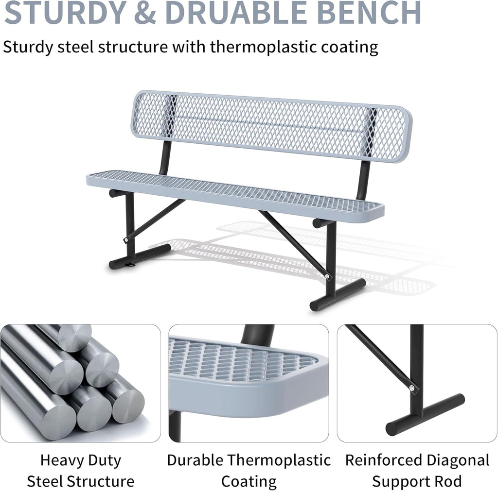 8 Feet Heavy Duty Metal Park Bench for Outside, Outdoor Bench with Backrest & Portable Frame, Commercial Benches for Shopping Malls, Stores, Parks, Patios, Decks, Grey