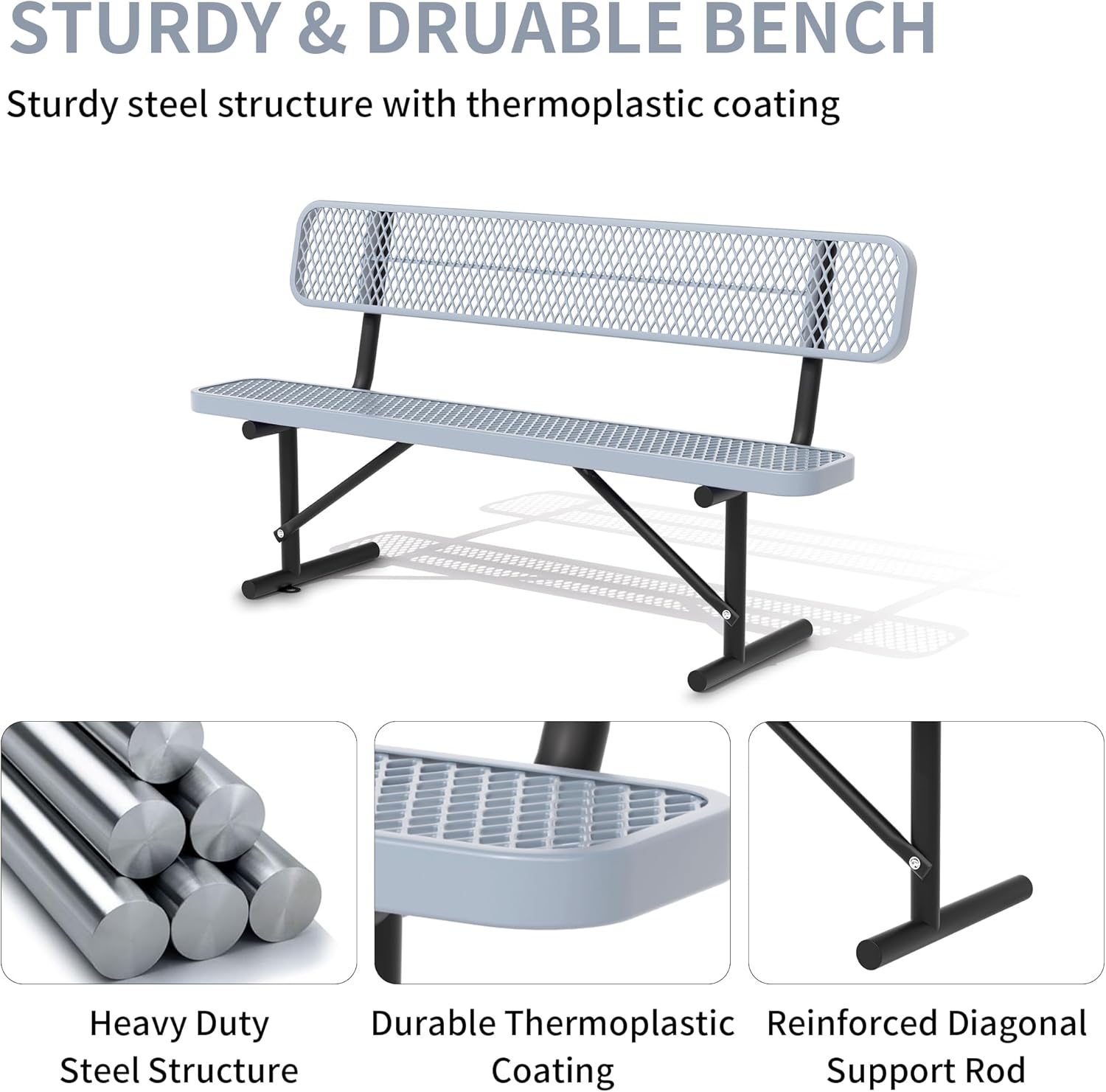 8 Feet Heavy Duty Metal Park Bench for Outside, Outdoor Bench with Backrest & Portable Frame, Commercial Benches for Shopping Malls, Stores, Parks, Patios, Decks, Grey