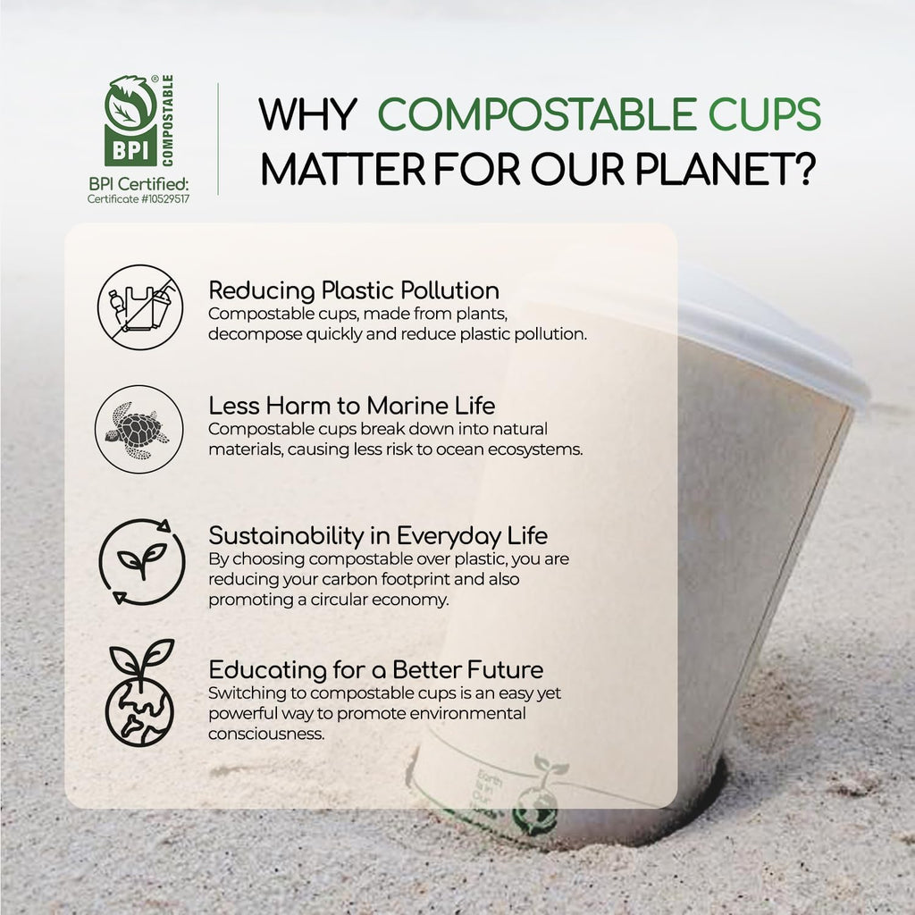 Living Balance Certified Compostable Coffee Cups with Lids 16 oz – 75 Pack Cups with Stirrers & Integrated Sleeves | Leak Proof, BPA-Free & CPLA Certified Plant-based | To-Go cup for Hot & Cold Drinks