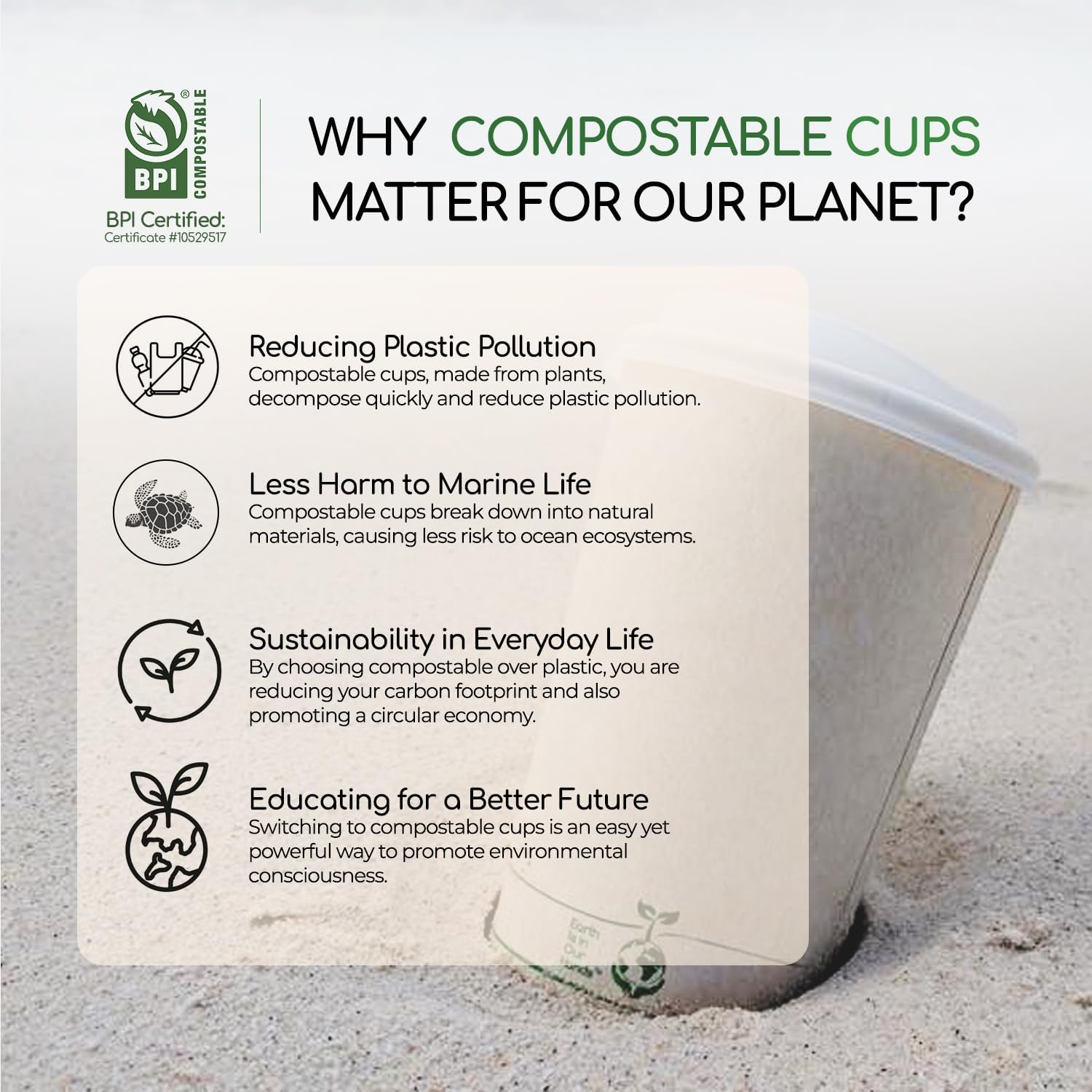 Living Balance Certified Compostable Coffee Cups with Lids 16 oz – 75 Pack Cups with Stirrers & Integrated Sleeves | Leak Proof, BPA-Free & CPLA Certified Plant-based | To-Go cup for Hot & Cold Drinks
