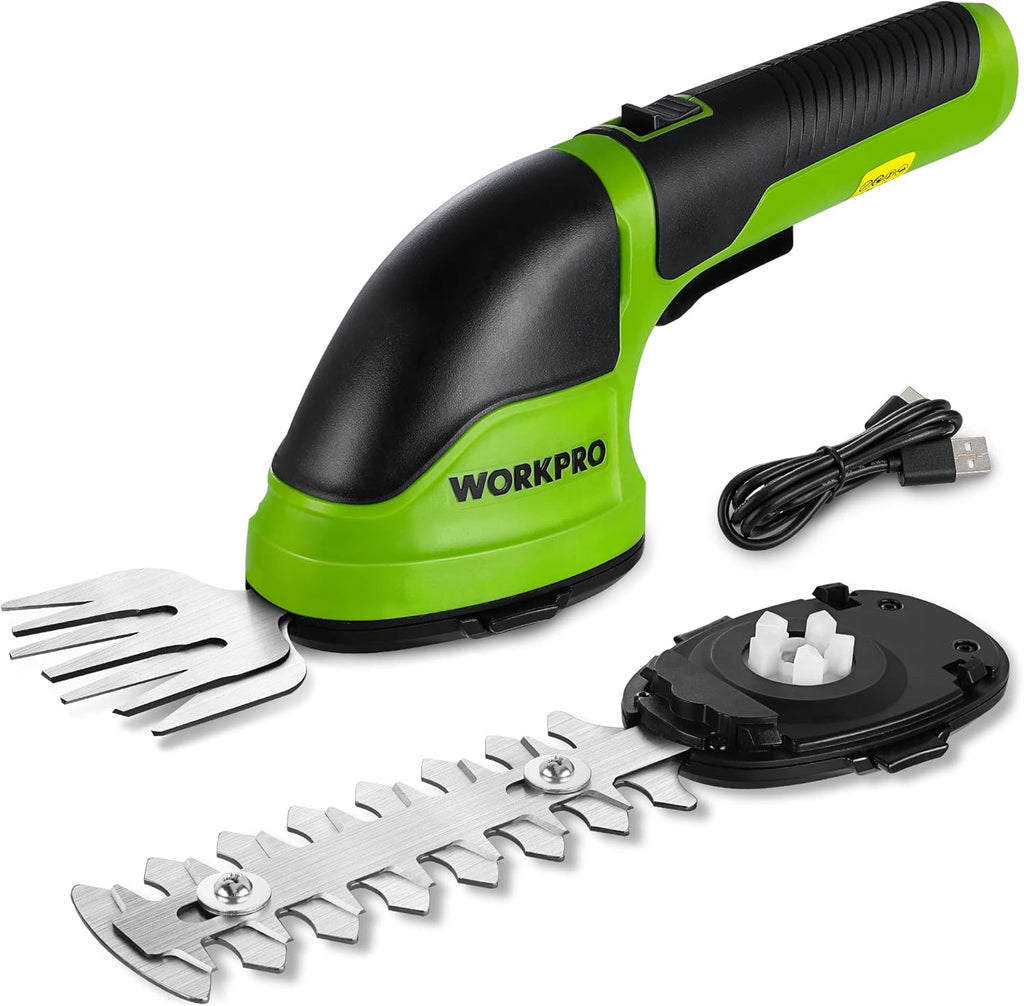 WORKPRO Cordless Grass Shear & Shrubbery Trimmer - 2 in 1 Handheld Hedge Trimmer Electric Grass Trimmer Hedge Shears/Grass Cutter Rechargeable Lithium-Ion Battery and Type-C Cable Included (Green)