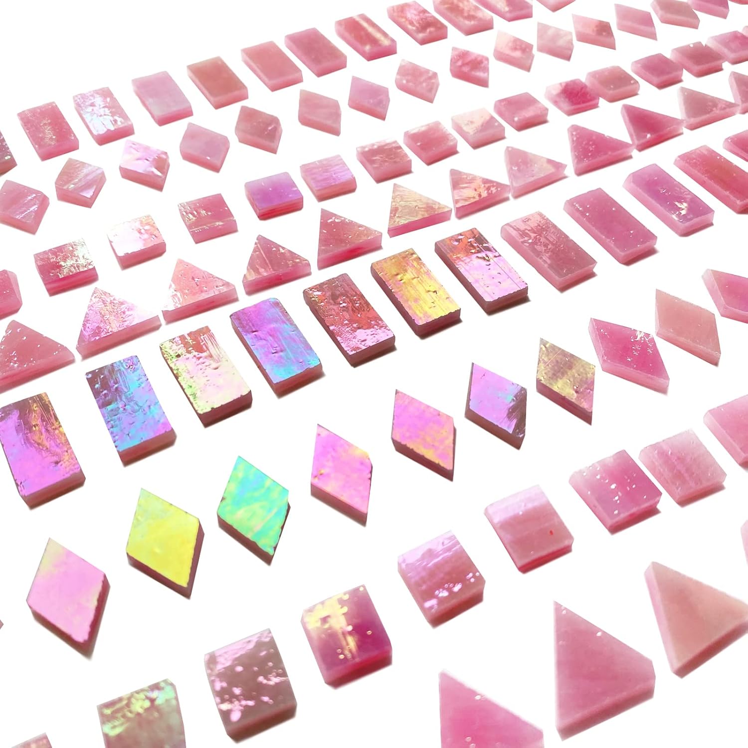 Magic Iridescent Pink Stained Glass Mosaic Tiles for Crafts, 280 Pieces Mixed 4 Shapes Stained Glass Sheets Pieces for Mosaics