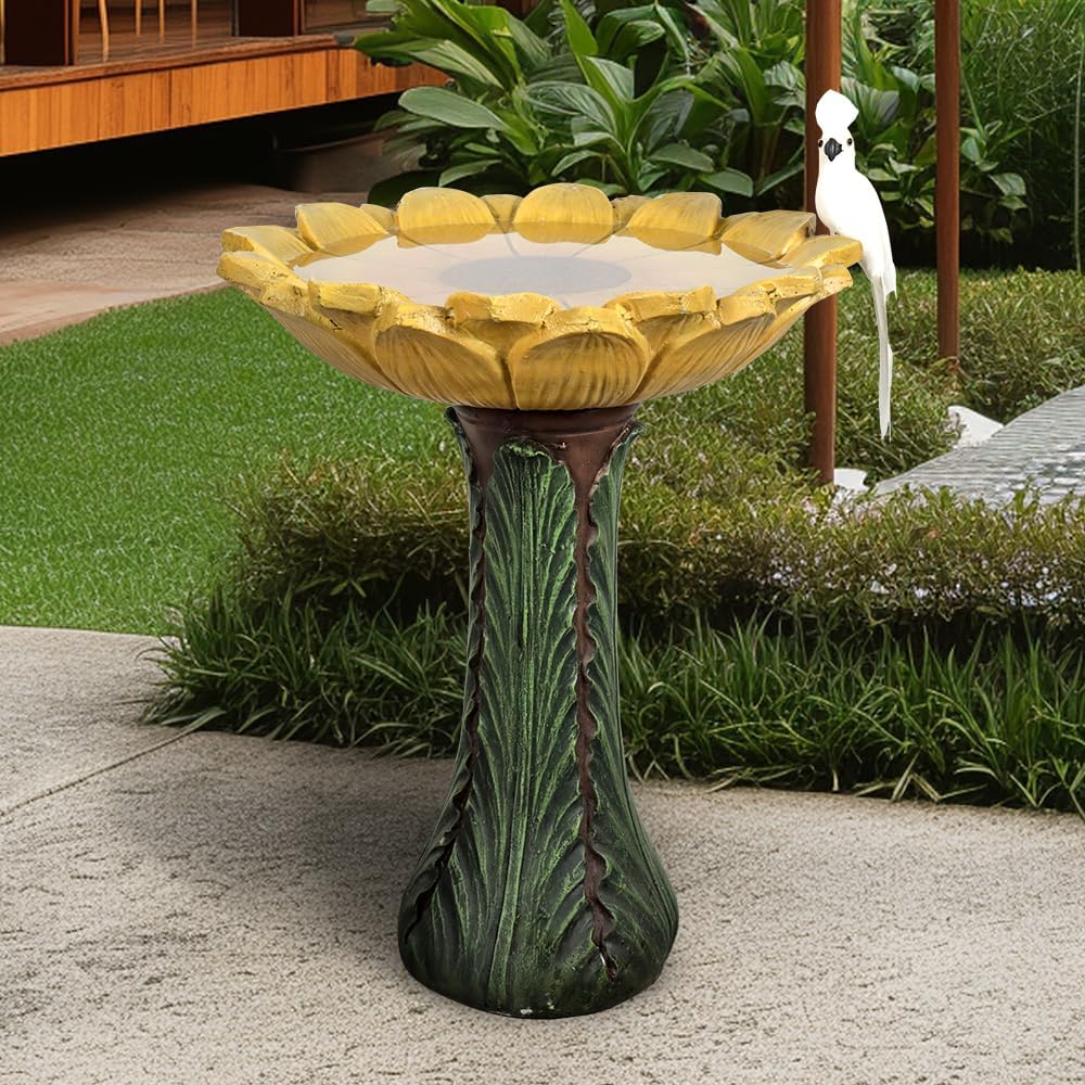 SKYFIRE 24.4” Tall Outdoor Concrete Bird Bath - Sunflower Birdbath Bowl with Green Leaf Pedestal for Garden, Patio, Lawn, Backyard,Outdoor Decor -20”Dia. X 24.4”H Garden Decor Statue Flower Birdbaths