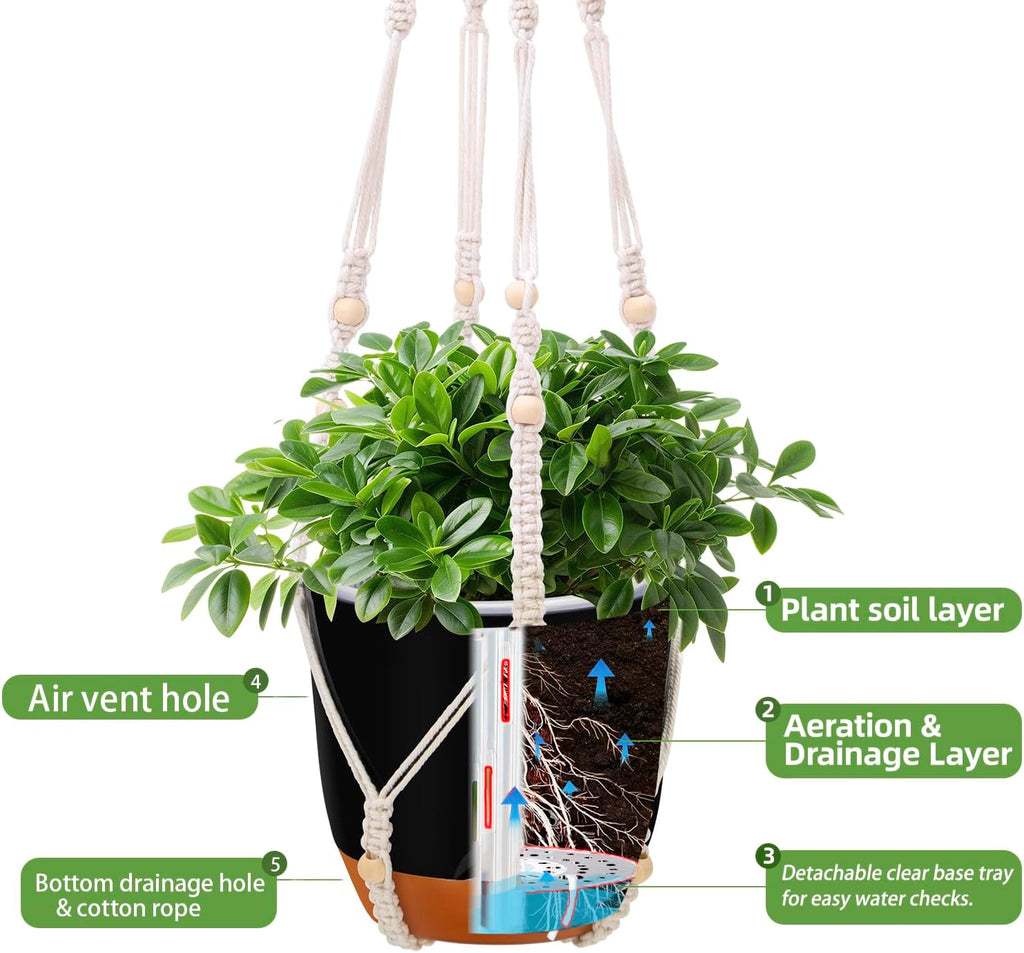 2-Pack Self-Watering Hanging Planters for Indoor & Outdoor Plants,34-Inch macrame hanger plant pots indoor with drainage,5.7-Inch Small Hanging Planters & Baskets in Black,With two sets of hooks