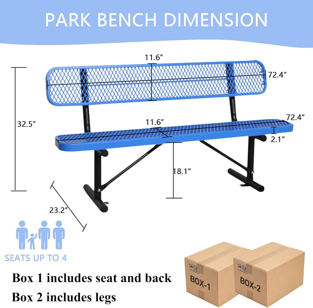 6 FT Steel Park Bench for Outside, Outdoor Bench with Backrest & Portable Frame, Commercial Benches for Shopping Mall, Store, Park, Patio, Deck, Blue