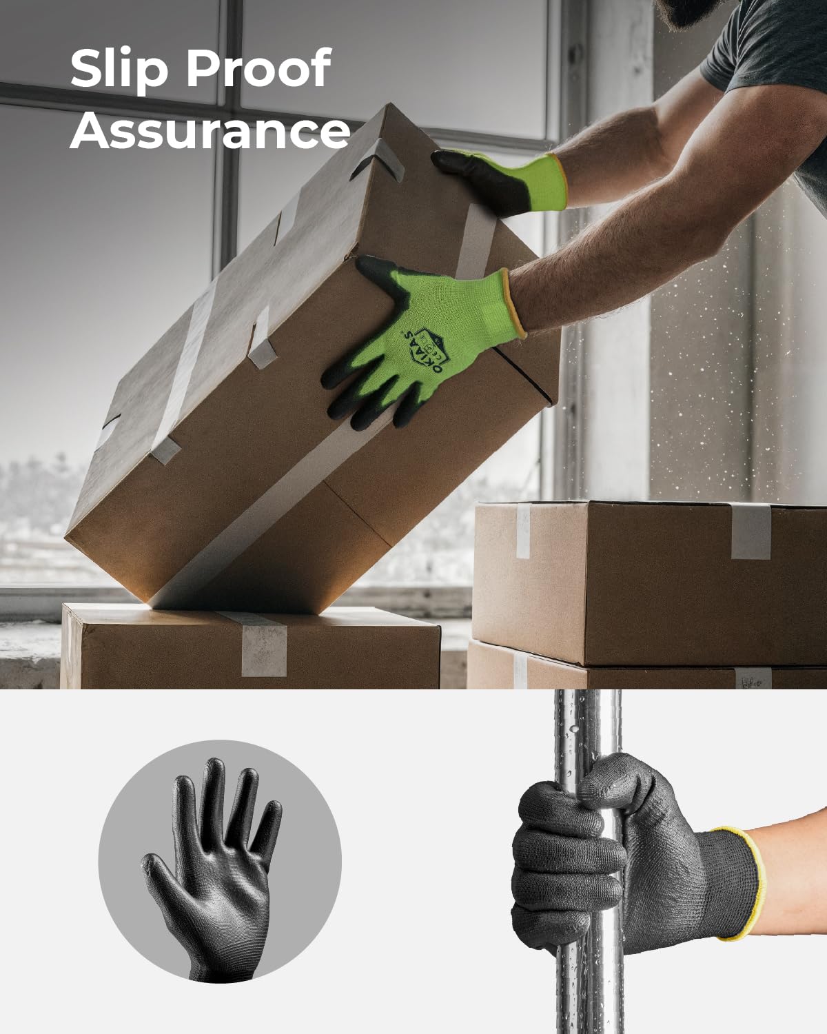 OKIAAS Work Gloves for Men，Ultra Thin and Lightweight Working Gloves with Grip, Bulk Case of 60 Pairs Construction Gloves with Polyurethane Coating, Safety Gloves for Light Duty Work (Black, Large)