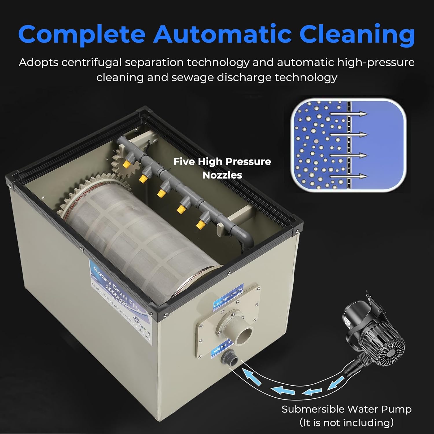 Rotary Drum Filter-3000GPH Canister Filter AC110-240V RDF Fully Automatic Water Self-Cleaning Filtration for Koi Pond,Fish Pond,Aquarium,Fish Farm,Seedling Cultivation Base,Aquaculture,Hydroponics