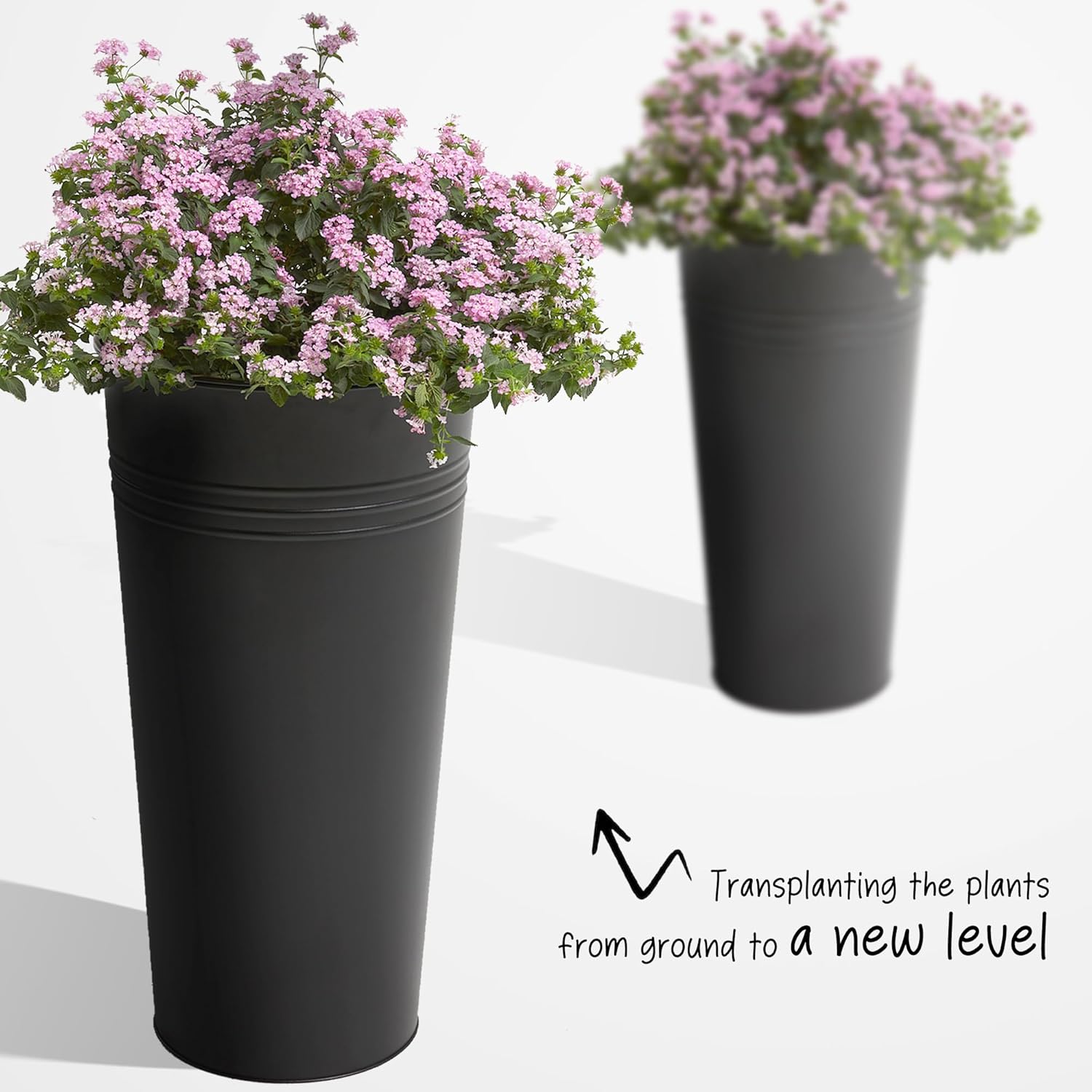 KOL 28'' Tall Galvanized Steel Planter Pot - Flower Pot with Water Level Indicator for Plants - 2-Pack Self Watering Planters - Round Black Powder Metal Planter Box - Indoor Outdoor Grande Plant