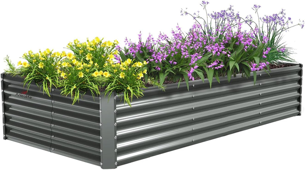 A ANLEOLIFE 8X4X1.5 ft Galvanized Raised Garden Beds Outdoor, Rectangular Metal Planter Box for Planting Vegetables Flowers Herb, Anti-Rust & Easy-Setup, Quartz Grey