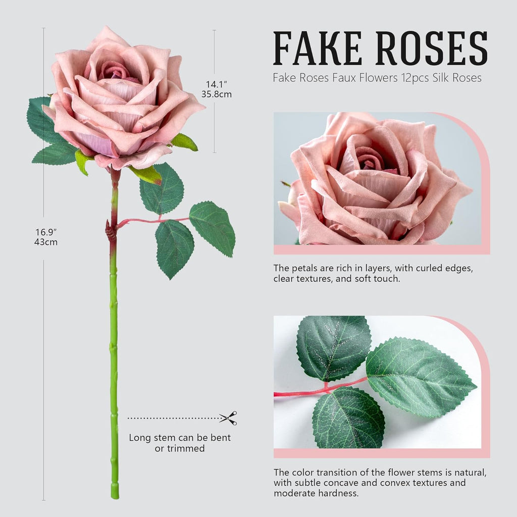 Fake Roses Faux Flowers Silk Roses 16.5in Artificial Roses with Stems Realistic Artificial Flowers Suitable for Indoor Home Decor DIY Bouquet Wedding Decor Party Decor (Pink Purple,12PCS)