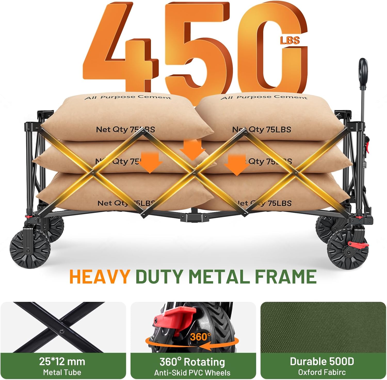 Timber Ridge 51.2'' Extended Collapsible Wagon Cart with Brakes and Cargo Net, Heavy Duty Foldable Utility Wagon with Adjustable Handle, 400L Capacity Portable Cart for Camping Sports Shopping