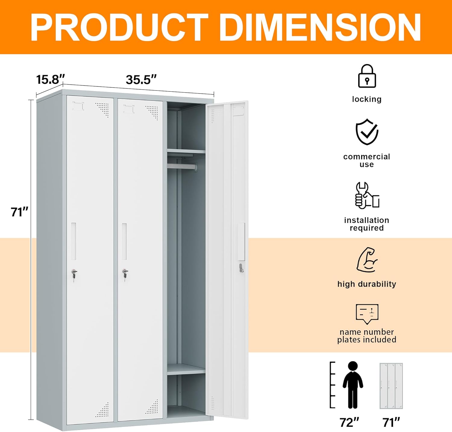 Metal Locker with 3 Doors Employees Locker, Metal Storage Locker with Hooks, 71" Storage Cabinet Lockers for Employees, Home, Office, Gym Requires Assembly (Grey White)