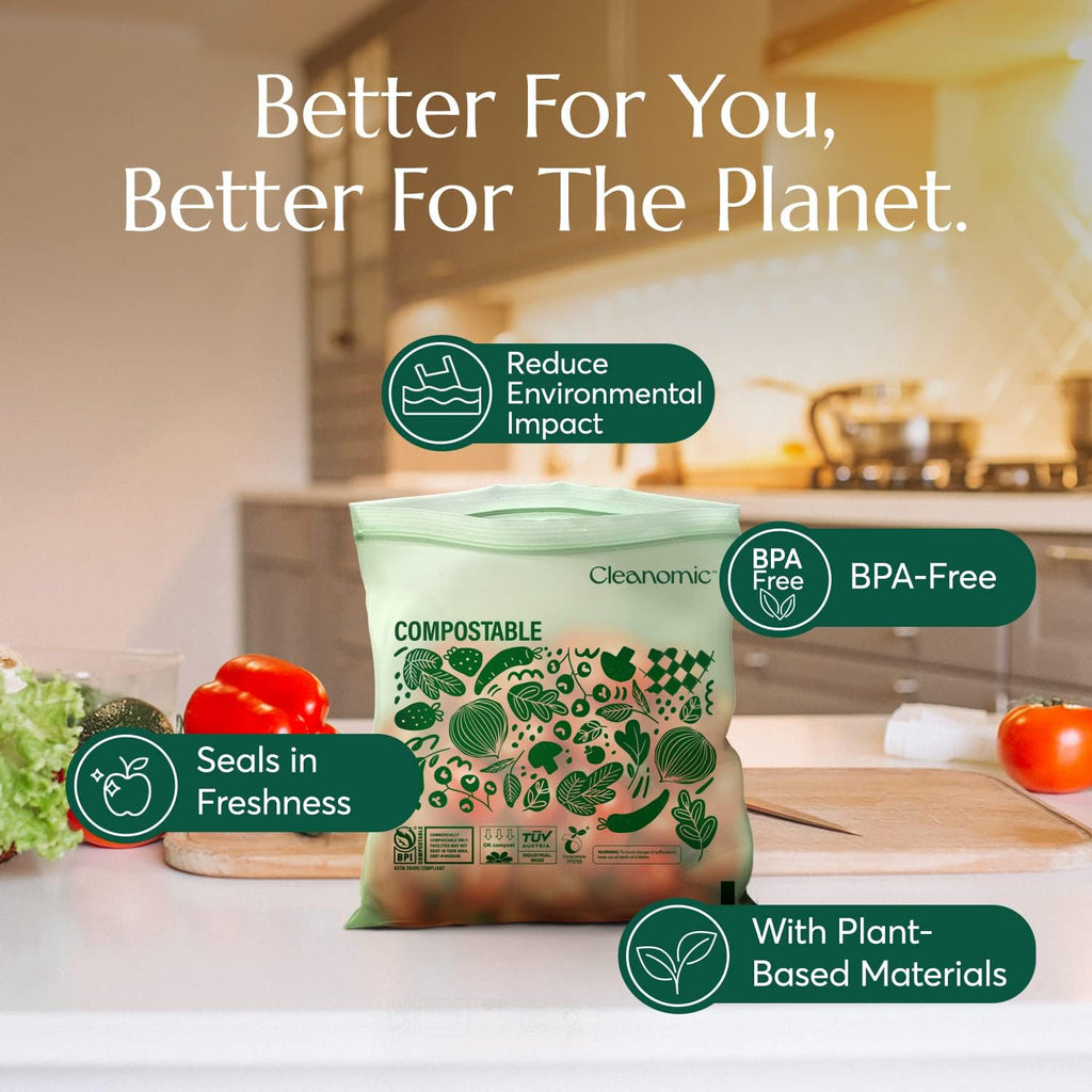 Cleanomic Compostable* Quart Size Food Storage Bags (25 Eco Zip) Freezer and Leak Proof, Also Available Gallon, Snack and Sandwich Size Bags