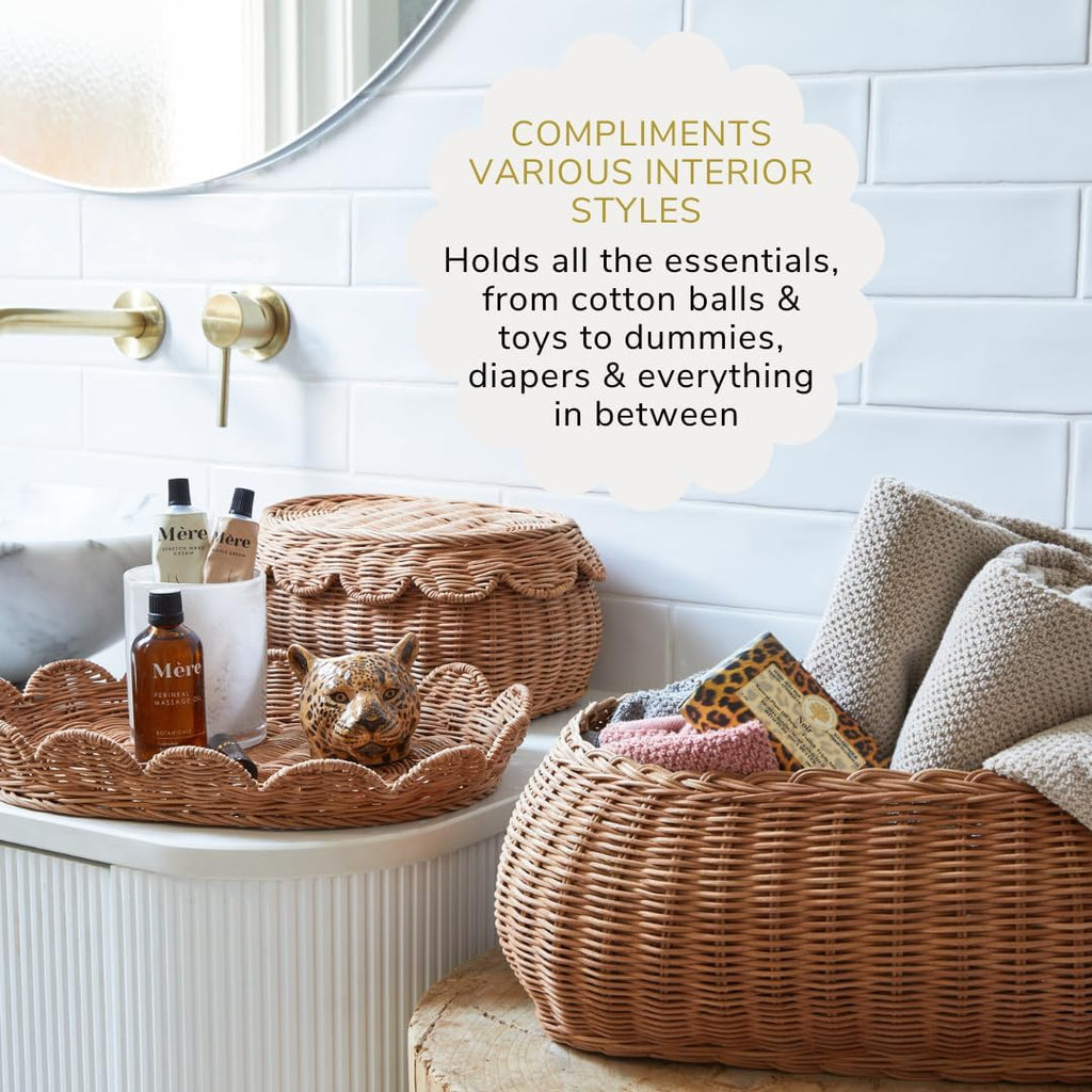 BEBE BASK The Original Scalloped Basket Set Of 2 - Small Scallop Basket - 15 x 10 x 6 In - Hand-Woven & Award-Winning - Elegant Wicker With Scalloped Edge Lid - Nursery Storage - (Mocca)