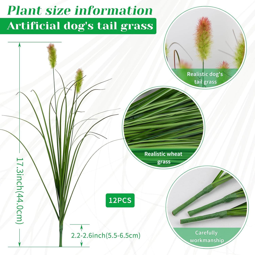 Artificial Grass Plants Outdoor 12 Bunches Fake Onion Grasses with Plush Fake Shrubs Plant Flowers Faux Greenery Wheat Sea Grass for Outside Garden Indoor House Home Office Room Décor (Green & Red）