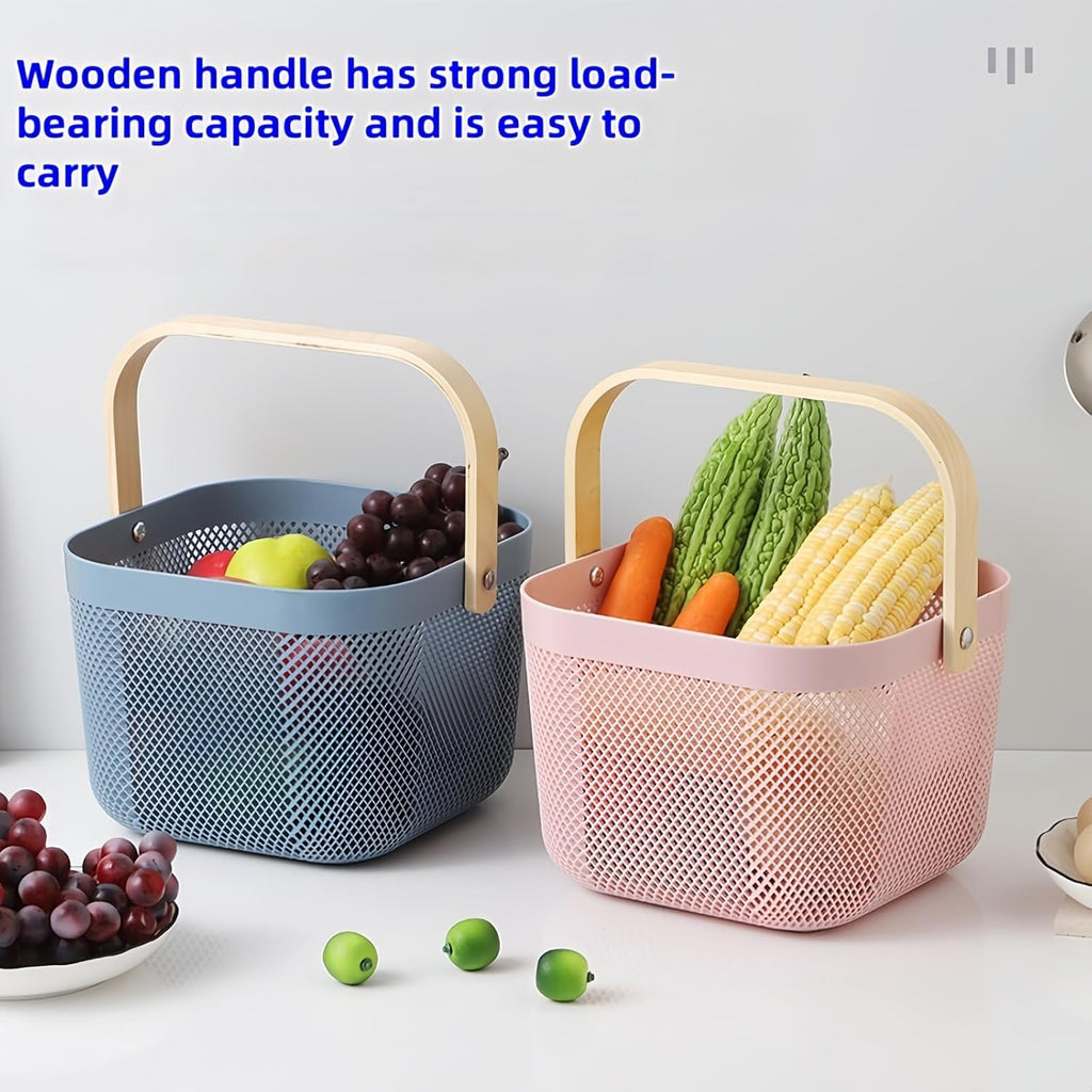 3pcs plastic harvest baskets, foldable wooden handles, rectangular garden storage baskets, for picking and collecting vegetables and fruits in the garden cabinet (Pink)
