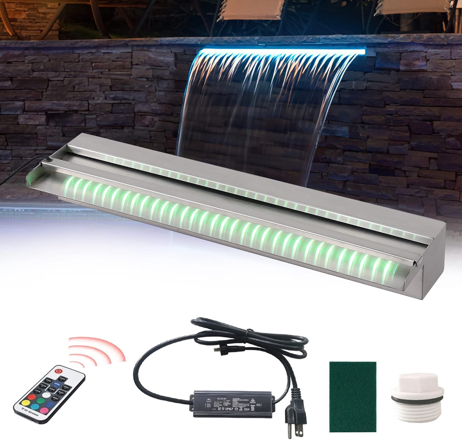 24" Water Pool Fountain 304 Stainless Steel Lighted Pool Waterfall Spillway with Wider Water Flow Platform, Multi-Color LED Strip Light with Remote Control for Indoor, Garden, Outdoor Decoration