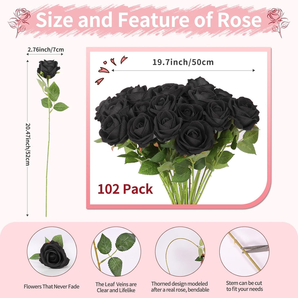 102 PCS Fake Roses Artificial Flowers Bulk, Black Roses Bridal Bouquet Silk Faux Rose with Stems for Wedding Flowers Decoration, Valentine's Day, Bridal Bouquet, Anniversary,Home Decor (102PCS, Black)