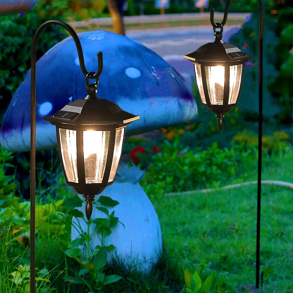 Dynaming 2 Pack Solar Hanging Lights Outdoor, Solar Powered Garden Decorative Lanterns with 2 x 38 Inch Shepherd Hooks, Waterproof Landscape Lighting for Lawn Patio Yard Pathway Driveway, Warm White