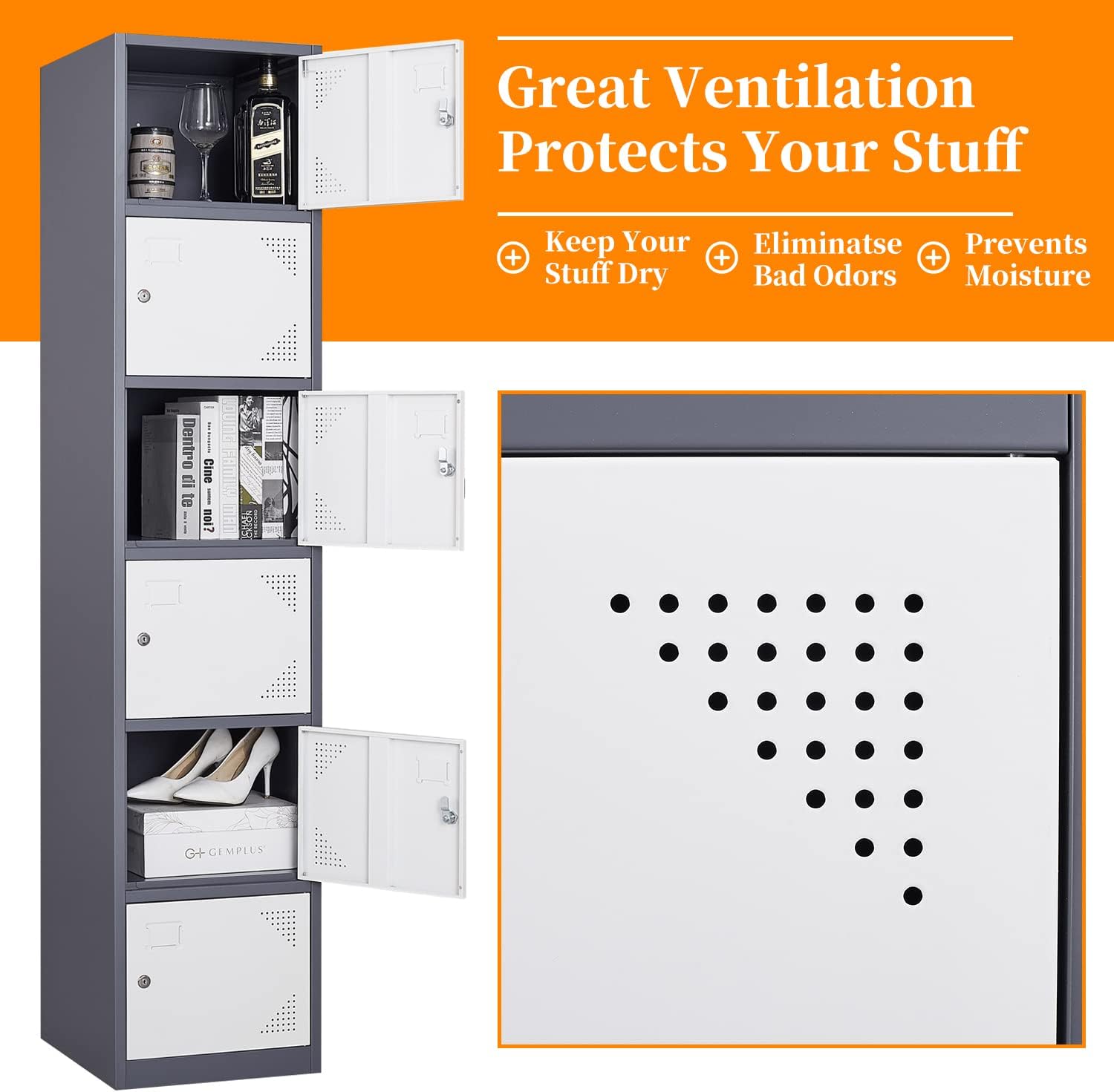 Metal Locker with 6 Doors, 71" Lockers for Employees Steel Storage Locker, Lockable Locker Cabinet for School, Gym, Home Office and Garage（Grey White）