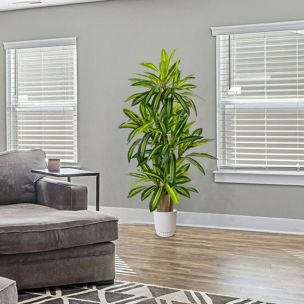 Artificial Dracaena Tree 6ft, Fake Yucca Plant with White Planter and Lifelike Leaves, Faux Dracaena Tall Floor Trees for Home Office Garden Décor