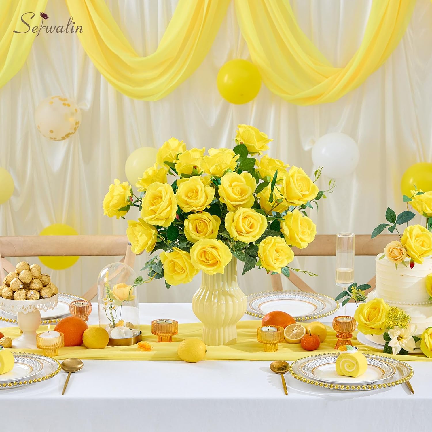 Serwalin ﻿30pcs Artificial Yellow Roses, Realistic Silk Roses Fake Long Stem Artificial Roses for Mother,Wedding Bouquet Table Centerpieces Party Home Birthday Graduation Decorations