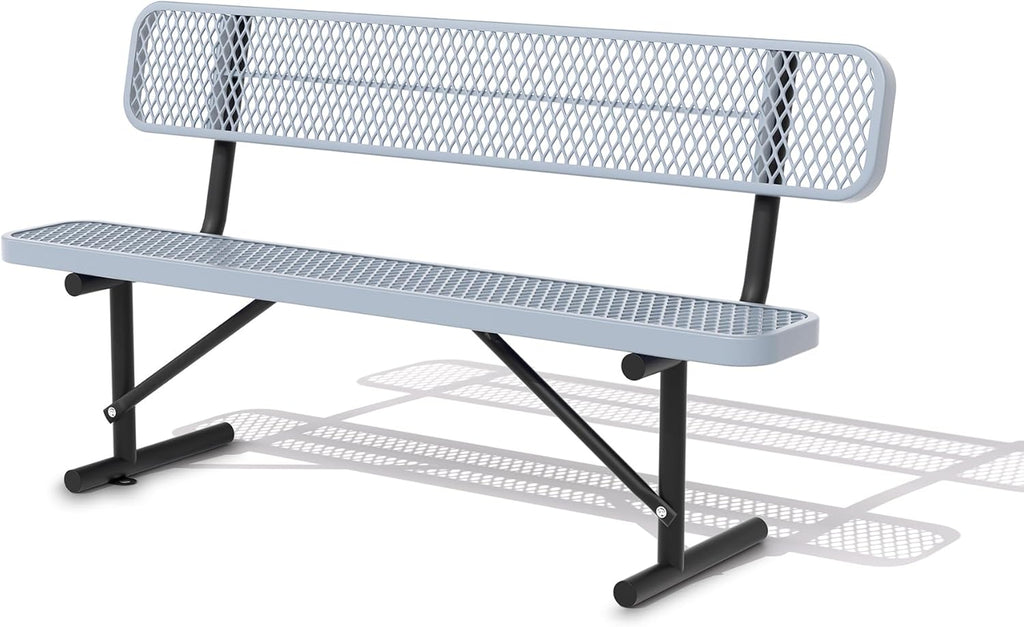 6 Feet Heavy Duty Metal Park Bench for Outside, Outdoor Bench with Backrest & Portable Frame, Commercial Benches for Shopping Malls, Stores, Parks, Patios, Decks, Grey
