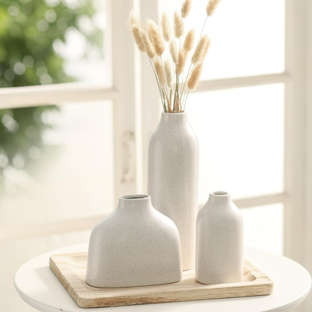 Ceramic Vase Set of 3, White Flower Vase Home Decor,Modern Farmhouse Decor,Pampas Grass Dried Fresh Flowers Living Room,Bookshelf Decoration, Centerpiece Table Decor,Boho Decor.(White)