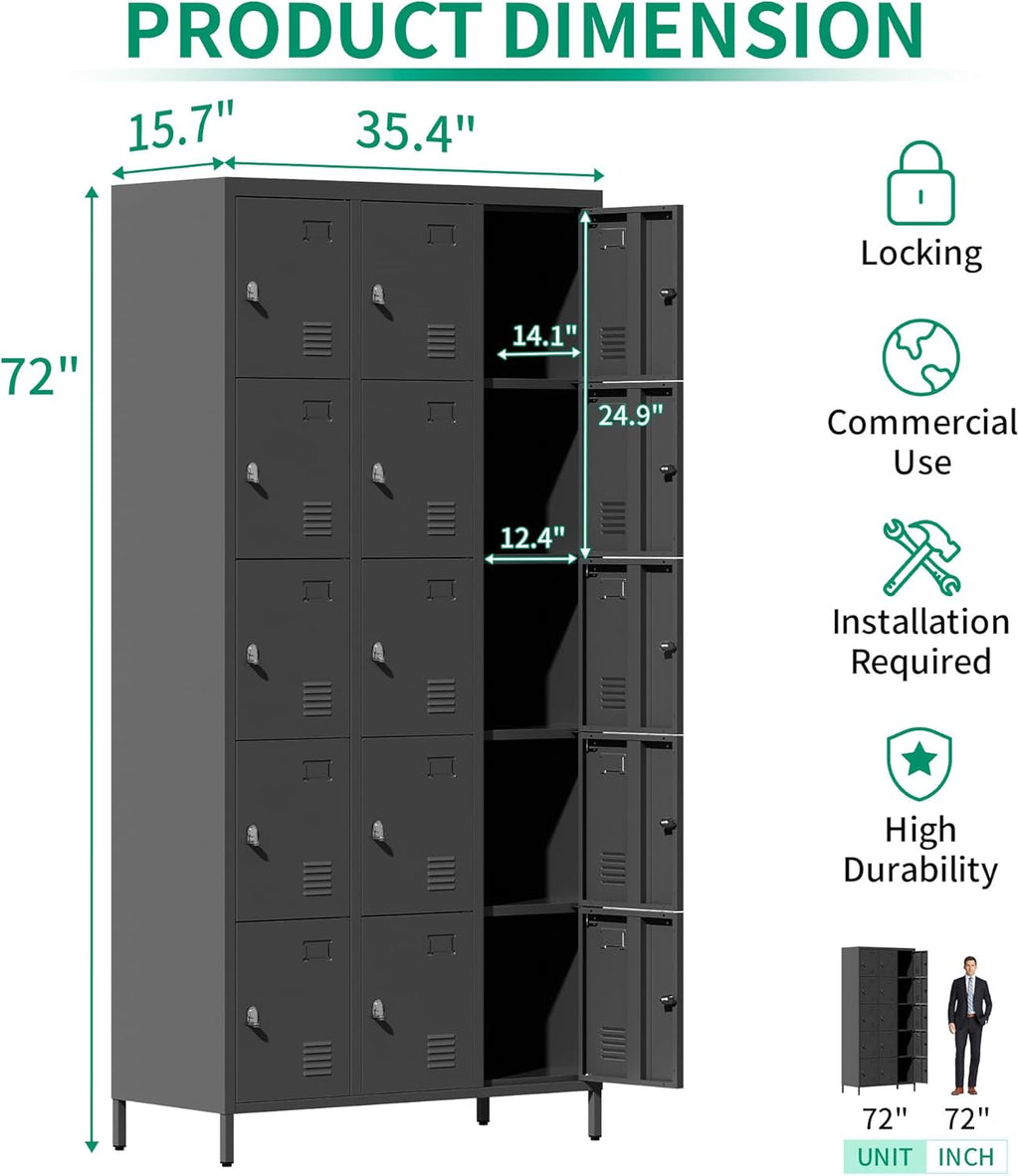 Metal Lockers for Employees, Storage Employee Locker, 72" Storage Lockers with Shelves Steel Cabinet for Home (Black, 15 Door)