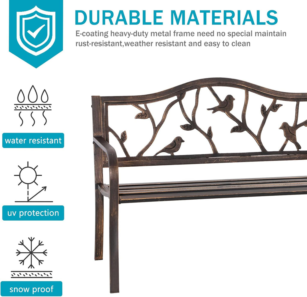 MFSTUDIO 50" Outdoor Garden Bench, Patio Metal Frame Park Bench with Bird Pattern Backrest for Porch, Lawn, Deck(Bronze)