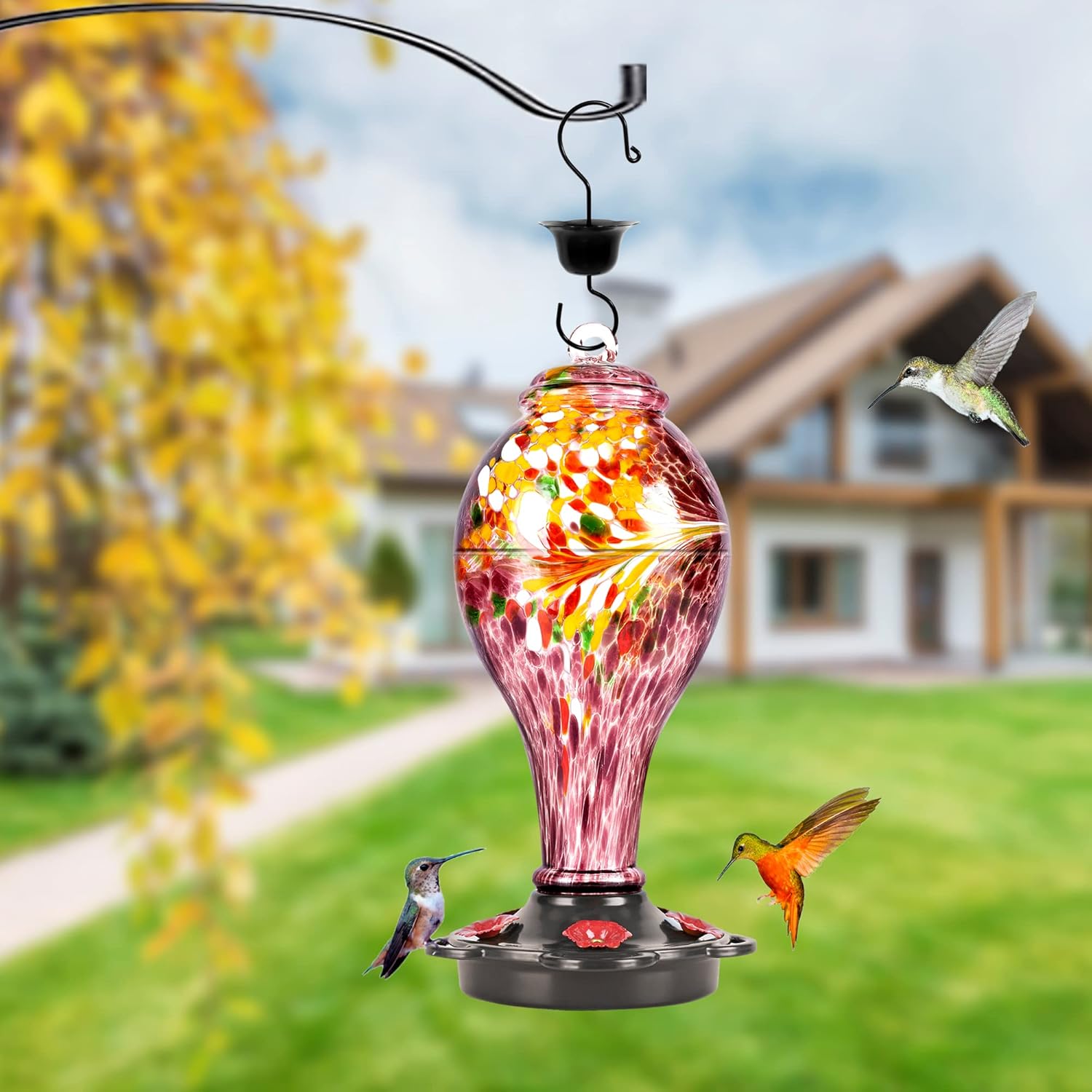 LUJII Hand Blown Glass Hummingbird Feeder for Outdoors Hanging with Ant Guard, 36 fl.oz, Leak Proof & Rustproof, Metal Base with 5 Feeding Ports & 5 Perches, Unique Garden & Backyard Decor (Purple)
