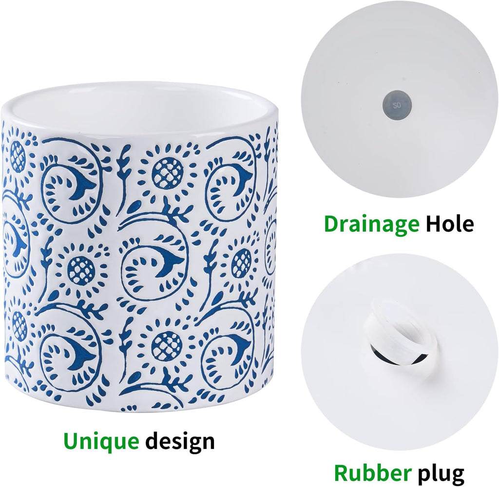Ceramic Plant Pot for Indoor Plants, 6 Inch Blue & White Floral Porcelain Ceramic Decorative Flower Pot with Drainage Holes, Modern Planter for Home & Office Decor