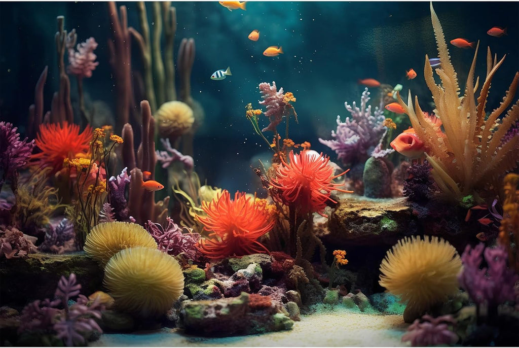 Aquarium Background Beautiful Colorful Coral Reef Aquatic Plants Terrarium Background Rock Tropical Fish Jungle Style Fish Tank Background Colorful Under Water View Aquarium Backdrop Vinyl 36x20in