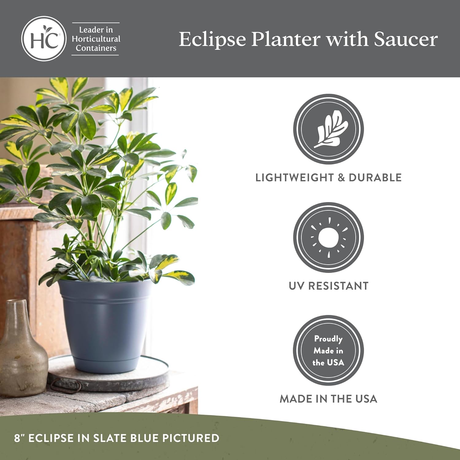 The HC Companies Eclipse Round Planter with Saucer - Outdoor & Indoor Plant Pot with Drainage Holes - Lightweight, UV-Resistant Plastic Pots for Plants, Flowers & Herbs (6" Warm Gray, Pack of 1)