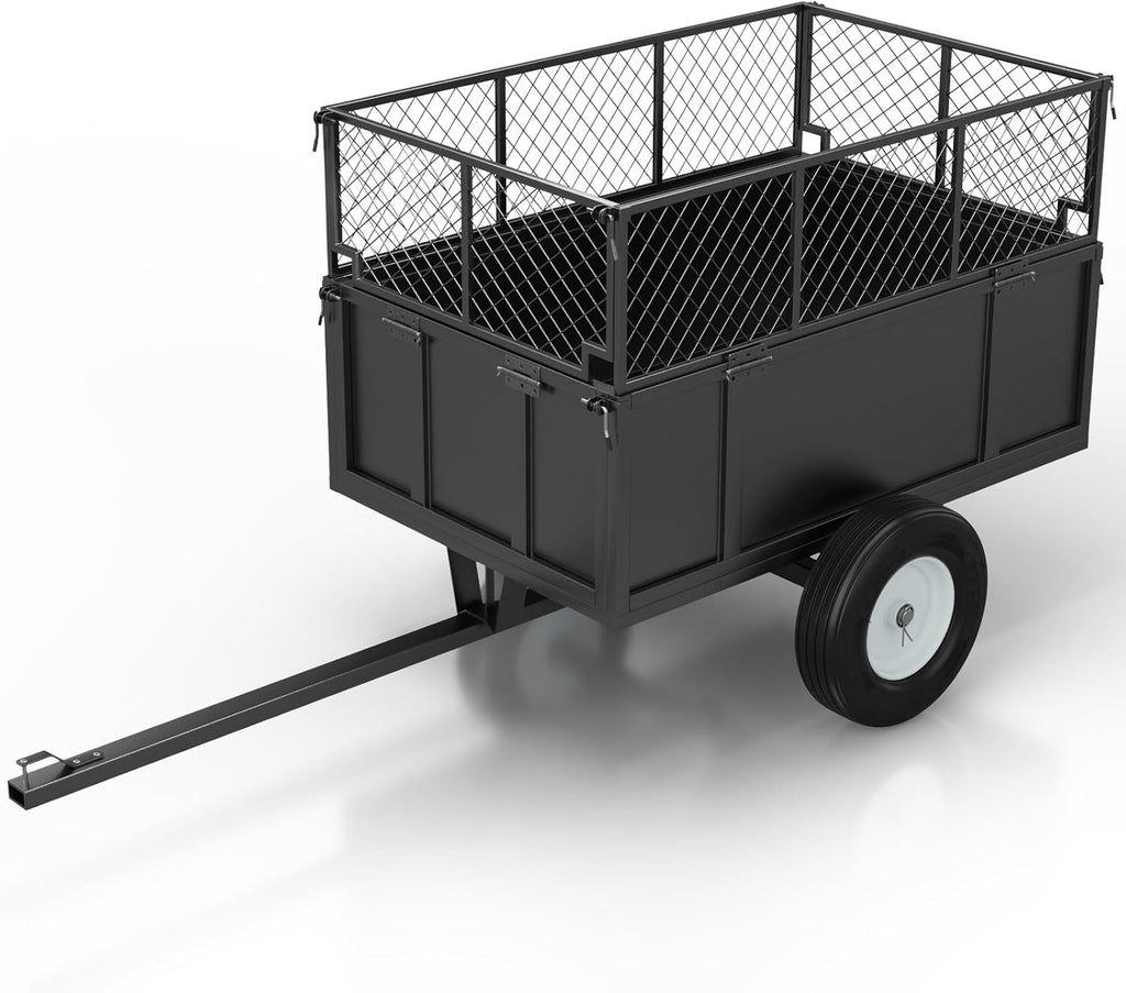 750 Lbs Capacity ATV/UTV Dump Trailer – 15 Cu. Ft. Heavy-Duty Steel Utility Cart with Removable Sides, Universal Hitch, Hand/Foot Lever Dump, for Lawn Tractor & Riding Mower