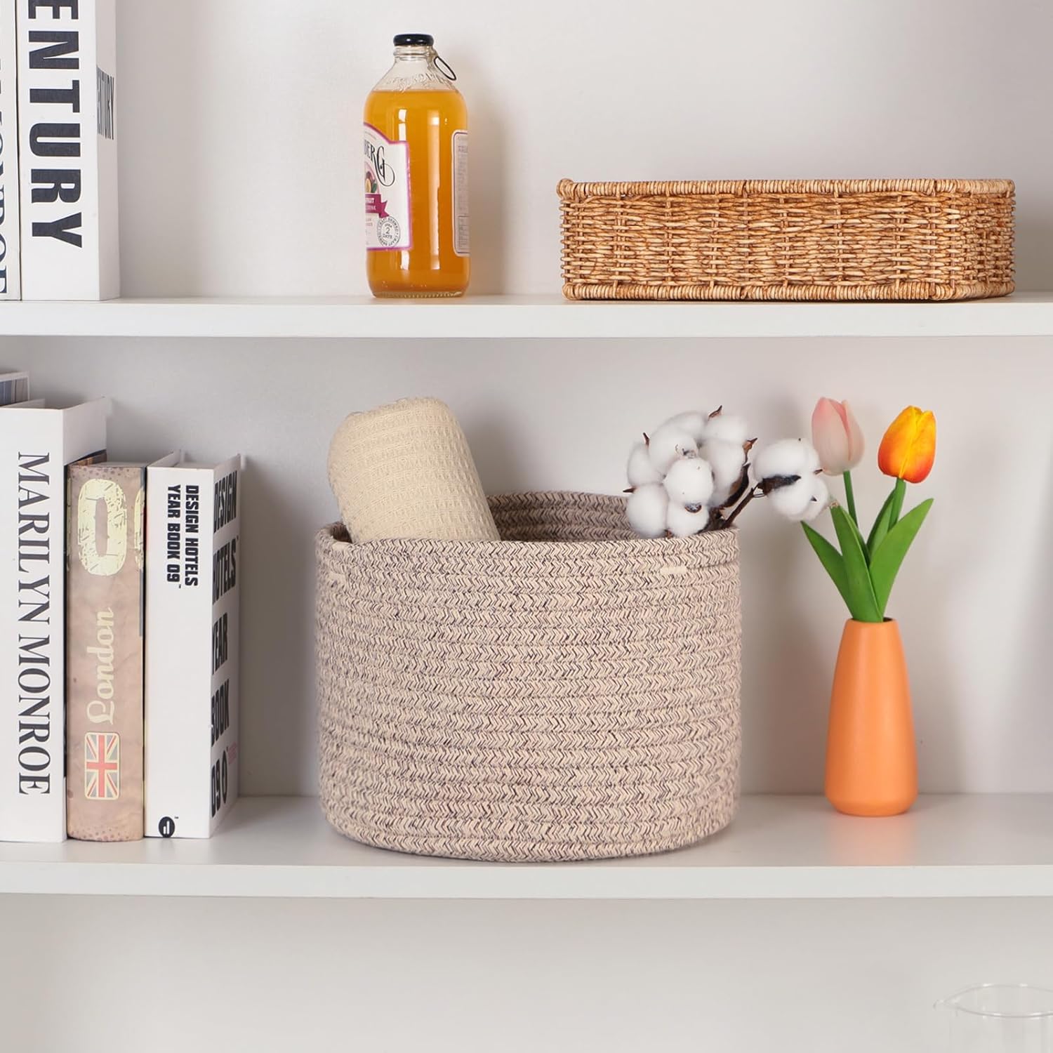 Small Basket for Organizing | Cube Shelf Closet Storage Baskets | 9.7×9.7×7.1” | Woven Rope Gift Basket | Nursery | Round 3 Packs Mixed Brown