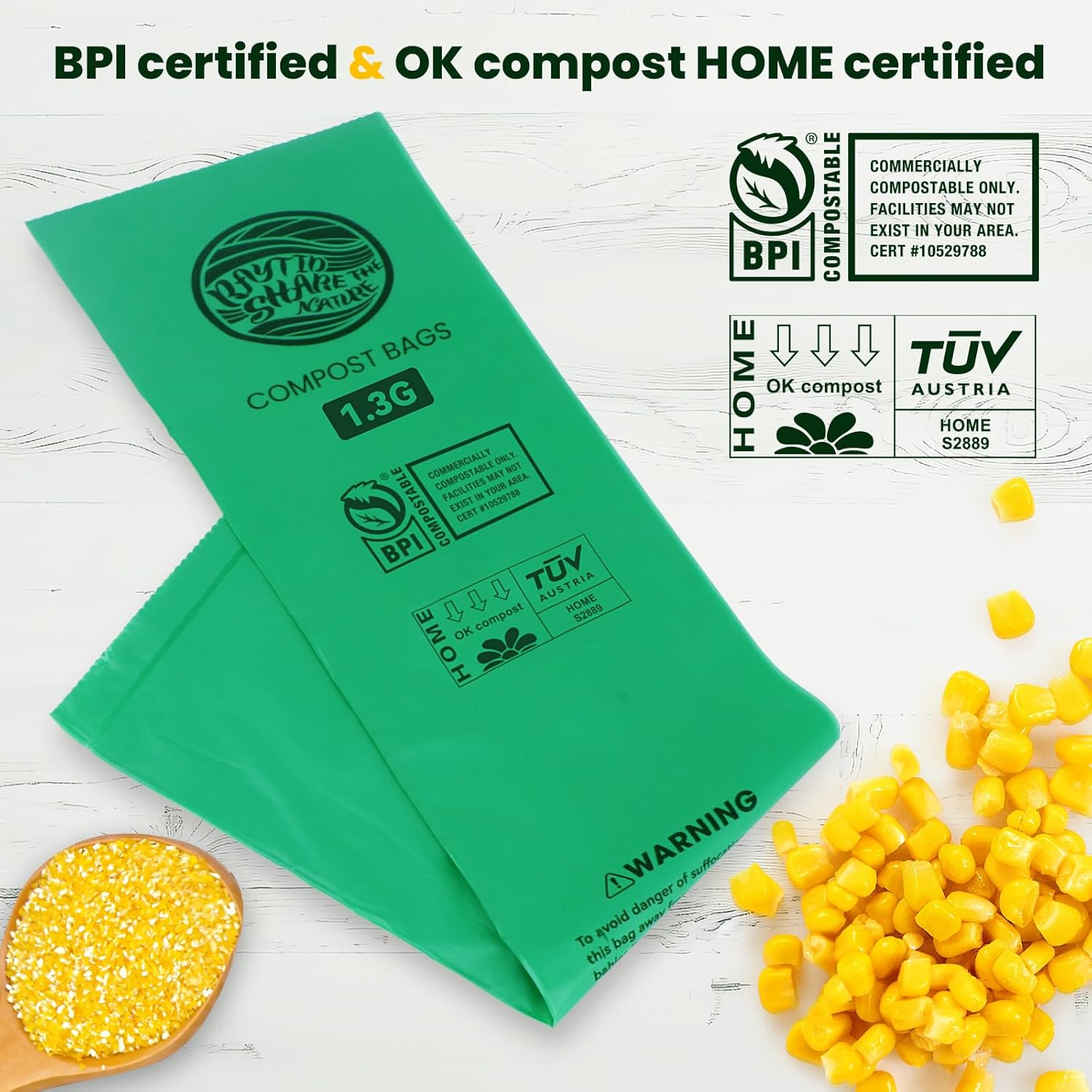 Compost Bags 1.3 Gallon,100 Count,Compostable Small Trash Bags for Kitchen Countertop Compost Bin 0.75, 1,1.2, 1.3Gallon,ASTM D6400, US BPI and Europe OK compost HOME certified