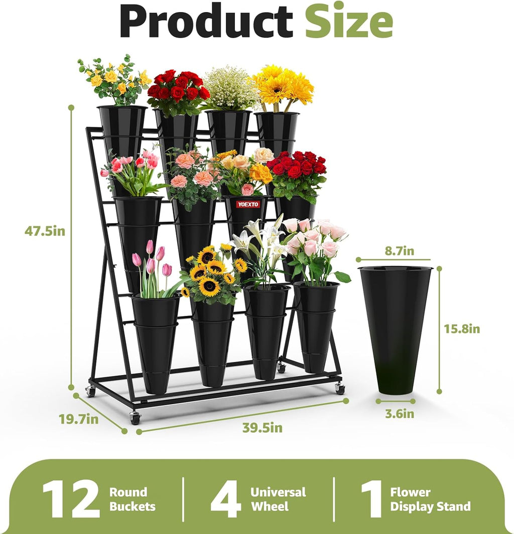 Flower Display Stand 3 Layers with 12 PCS Round Buckets, Plant Stand with Wheels, Movable Metal Plant Stand for Terrace Garden, Florist Shop