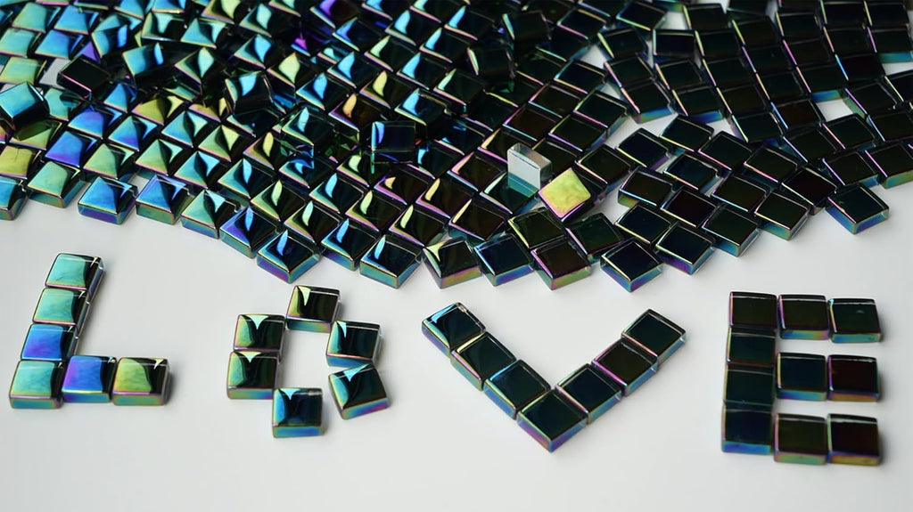 Iridescent Square Mosaic Tiles for Crafts, 300G Small Crystal Mosaic Glass Pieces Bulk for Mosaic Beginner, 0.41”x0.41” Tile for Art Glass Project, Ideal for Handmade Mosaic Home Decor, Black