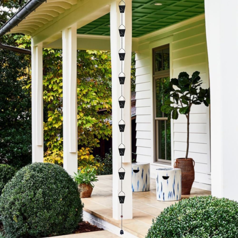 10.92 FT Black Rain Chain, Square Rain Chain for Outside with 12 Cups Adjustable Metal Chain Rain Catcher Chain for Gutters, Eaves, Drainage, Replacement for Downpout