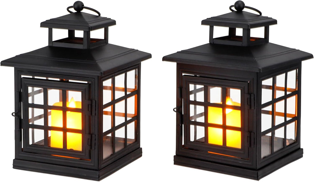 TRIROCKS Set of 2 Decorative Candle Lantern Metal Candle Holder Hanging Lantern Perfect for Home Decor Halloween Living Room Parties Events Tabletop Indoors Outdoors (Black)